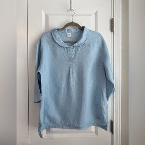 LINTICO Linen Shawl V-Neck Half Sleeve Top Jade Blue Size Large